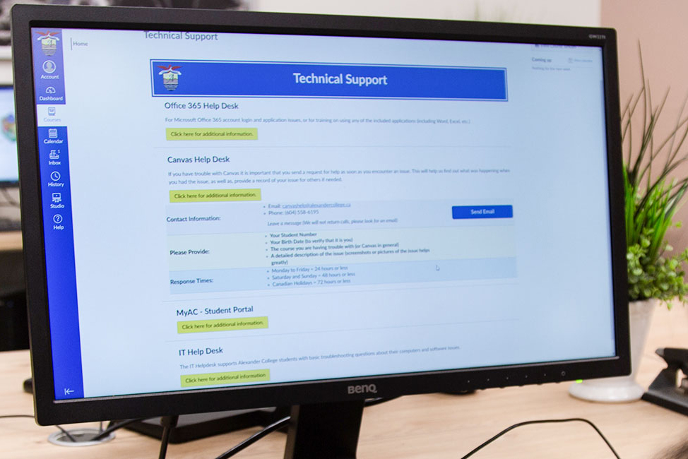 Canvas technical support on a computer screen