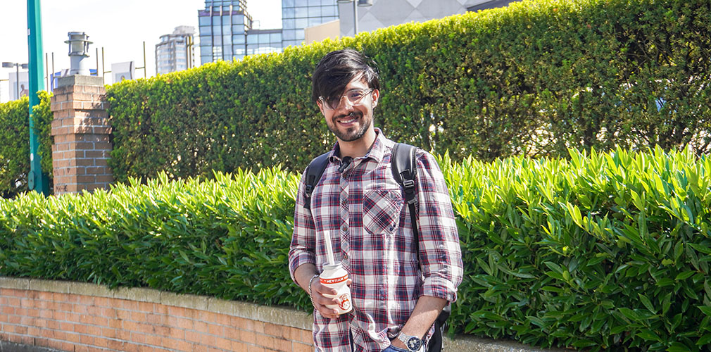 Vanshik enjoying a drink outside Metrotown